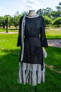 Dennison Dress in Black Embroidered Washed Voile; Limited Edition Blanchefleur Frock in Black and White Petite Stripe Linen; Blanchefleur Sash in Black and White Seashell Voile. Ivey Abitz at Boscobel House and Gardens