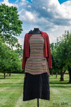 Bramley Dress in Rose Garden Row Silk Chiffon; Bertie Jacket in Rose Garden and Black Soft Ribbed Knit; Soutache Brooch in Black Weaves; Bertie Frock in Black Puckered Check Weave; Cilla Slip Frock in Rose Garden Row Silk Chiffon. Ivey Abitz at Boscobel House and Gardens