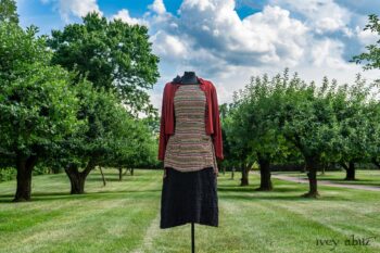 Bramley Dress in Rose Garden Row Silk Chiffon; Bertie Jacket in Rose Garden and Black Soft Ribbed Knit; Soutache Brooch in Black Weaves; Bertie Frock in Black Puckered Check Weave; Cilla Slip Frock in Rose Garden Row Silk Chiffon. Ivey Abitz at Boscobel House and Gardens