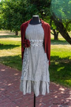 Limited Edition Blanchefleur Frock in Black and White Petite Stripe Linen; Cilla Slip Frock in Peony Soft Ribbed Knit; Bertie Jacket in Rose Garden and Black Soft Ribbed Knit; Porte Cochere Sash in Black and White Seashell Voile; Idyll Brooch in Rose Garden Silk Weaves. Ivey Abitz at Boscobel House and Gardens