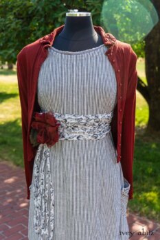 Limited Edition Blanchefleur Frock in Black and White Petite Stripe Linen; Cilla Slip Frock in Peony Soft Ribbed Knit; Bertie Jacket in Rose Garden and Black Soft Ribbed Knit; Porte Cochere Sash in Black and White Seashell Voile; Idyll Brooch in Rose Garden Silk Weaves. Ivey Abitz at Boscobel House and Gardens