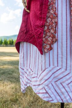 Grasmere Duster Coat in Rose Garden Ethereal Stripe Gauze; Blanchefleur Sash in Sunnyside Floral Silk Chiffon; Grasmere Frock in Sunnyside Embroidered Stripe; Cilla Slip Frock in Peony Soft Ribbed Knit. Ivey Abitz at Boscobel House and Gardens