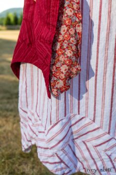 Grasmere Duster Coat in Rose Garden Ethereal Stripe Gauze; Blanchefleur Sash in Sunnyside Floral Silk Chiffon; Grasmere Frock in Sunnyside Embroidered Stripe; Cilla Slip Frock in Peony Soft Ribbed Knit. Ivey Abitz at Boscobel House and Gardens