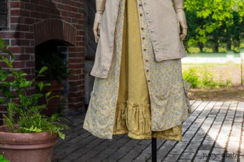 Porte Cochere Shirt Jacket in Yellow Days Stripe Cotton; Porte Cochere Frock in Yellow Days Floral Weave; Gabled Frock in Yellow Days Stretch Weave. Ivey Abitz at Boscobel House and Gardens