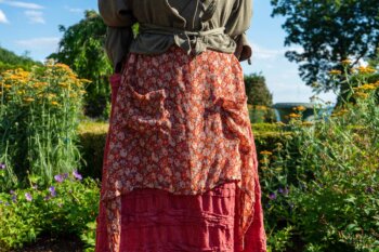 Chevallier Cardigan in Herb Garden Soft Ribbed Knit; Dennison Dress in Sunnyside Floral Silk Chiffon; Bertie Frock in Rose Garden Petite Washed Stripe. Ivey Abitz at Boscobel House and Gardens