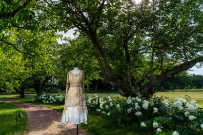 Wrennie Frock in Watercolour Silk Weave; Porte Cochere Sash in Watercolour Silk Weave; Fairholme Frock in Peony Washed Plaid Silk; Cilla Slip Frock in Peony Soft Ribbed Knit. Ivey Abitz at Boscobel House and Gardens