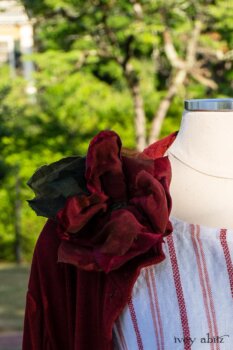 Bertie Jacket in Rose Garden and Black Soft Ribbed Knit; Idyll Brooch in Rose Garden Silk Weaves; Blanchefleur Sash in Sunnyside Floral Silk Chiffon; Grasmere Frock in Sunnyside Embroidered Stripe; Cilla Slip Frock in Peony Soft Ribbed Knit. Ivey Abitz at Boscobel House and Gardens