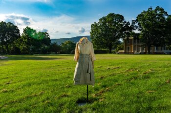 Grasmere Shirt in Cordelia Cream Floral Eyelet; Cilla Slip Frock in Peony Soft Ribbed Knit; Highlands Skirt in Seaside Peony Stretch Plaid. Ivey Abitz at Boscobel House and Gardens