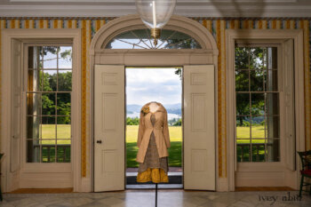 Porte Cochere Shirt Jacket in Yellow Days Washed Stripe Cotton; River Frock in Natural Plaid Open Weave; Gabled Frock in Yellow Days Washed Stretch Weave; Idyll Brooch in Yellow Days Weaves. Ivey Abitz at Boscobel House and Gardens