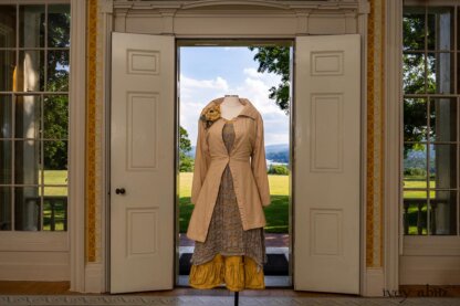 Porte Cochere Shirt Jacket in Yellow Days Washed Stripe Cotton; River Frock in Natural Plaid Open Weave; Gabled Frock in Yellow Days Washed Stretch Weave; Idyll Brooch in Yellow Days Weaves. Ivey Abitz at Boscobel House and Gardens