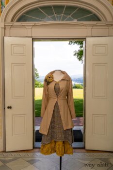 Porte Cochere Shirt Jacket in Yellow Days Washed Stripe Cotton; River Frock in Natural Plaid Open Weave; Gabled Frock in Yellow Days Washed Stretch Weave; Idyll Brooch in Yellow Days Weaves. Ivey Abitz at Boscobel House and Gardens