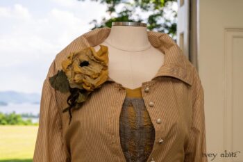 Porte Cochere Shirt Jacket in Yellow Days Washed Stripe Cotton; River Frock in Natural Plaid Open Weave; Gabled Frock in Yellow Days Washed Stretch Weave; Idyll Brooch in Yellow Days Weaves. Ivey Abitz at Boscobel House and Gardens