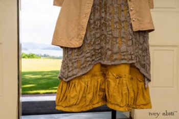 Porte Cochere Shirt Jacket in Yellow Days Washed Stripe Cotton; River Frock in Natural Plaid Open Weave; Gabled Frock in Yellow Days Washed Stretch Weave; Idyll Brooch in Yellow Days Weaves. Ivey Abitz at Boscobel House and Gardens