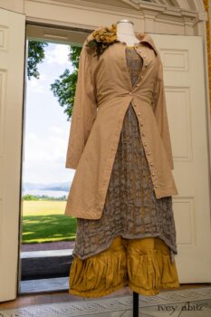 Porte Cochere Shirt Jacket in Yellow Days Washed Stripe Cotton; River Frock in Natural Plaid Open Weave; Gabled Frock in Yellow Days Washed Stretch Weave; Idyll Brooch in Yellow Days Weaves. Ivey Abitz at Boscobel House and Gardens