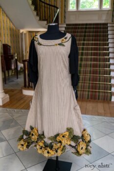 Limited Edition Idyll Frock in Banister Pinstripe Stretch Weave and Mix of Yellow Days Silks and Linens; Addy Jacket in Signature Black Lightweight Linen Knit. Ivey Abitz at Boscobel House and Gardens