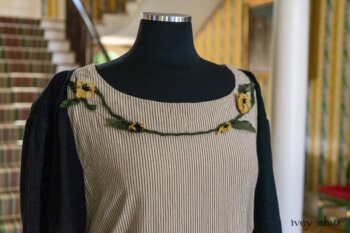 Limited Edition Idyll Frock in Banister Pinstripe Stretch Weave and Mix of Yellow Days Silks and Linens; Addy Jacket in Signature Black Lightweight Linen Knit. Ivey Abitz at Boscobel House and Gardens