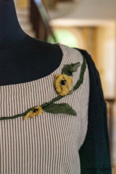 Limited Edition Idyll Frock in Banister Pinstripe Stretch Weave and Mix of Yellow Days Silks and Linens; Addy Jacket in Signature Black Lightweight Linen Knit. Ivey Abitz at Boscobel House and Gardens