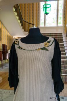 Limited Edition Idyll Frock in Banister Pinstripe Stretch Weave and Mix of Yellow Days Silks and Linens; Addy Jacket in Signature Black Lightweight Linen Knit. Ivey Abitz at Boscobel House and Gardens