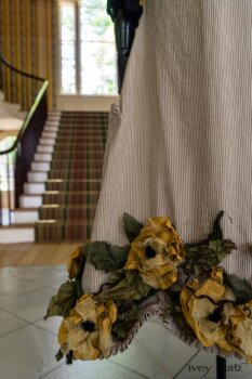 Limited Edition Idyll Frock in Banister Pinstripe Stretch Weave and Mix of Yellow Days Silks and Linens; Addy Jacket in Signature Black Lightweight Linen Knit. Ivey Abitz at Boscobel House and Gardens