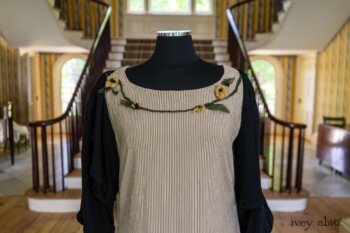 Limited Edition Idyll Frock in Banister Pinstripe Stretch Weave and Mix of Yellow Days Silks and Linens; Addy Jacket in Signature Black Lightweight Linen Knit. Ivey Abitz at Boscobel House and Gardens