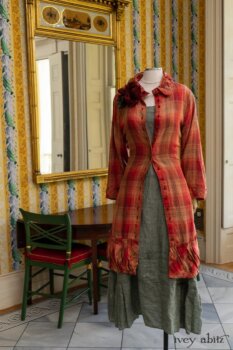 Gabled Duster Coat in Sunnyside Washed Plaid; Hudson Frock in Herb Garden Washed Linen; Cilla Slip Frock in Herb Garden Soft Ribbed Knit; Idyll Brooch in Rose Garden Silk Weaves. Ivey Abitz at Boscobel House and Gardens