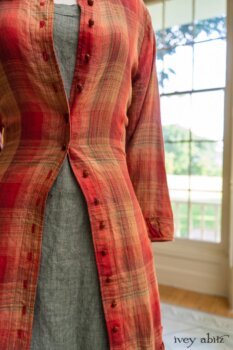 Gabled Duster Coat in Sunnyside Washed Plaid; Hudson Frock in Herb Garden Washed Linen; Cilla Slip Frock in Herb Garden Soft Ribbed Knit; Idyll Brooch in Rose Garden Silk Weaves. Ivey Abitz at Boscobel House and Gardens