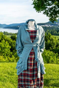 Scattergood Shirt Jacket in Seaside Washed Linen; Scattergood Frock in Seaside Rose Garden Washed Plaid; Cilla Slip Frock in Hudson Blue Soft Ribbed Knit. Ivey Abitz at Boscobel House and Gardens