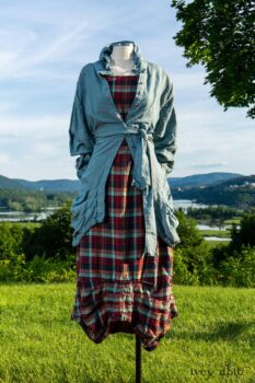 Scattergood Shirt Jacket in Seaside Washed Linen; Scattergood Frock in Seaside Rose Garden Washed Plaid; Cilla Slip Frock in Hudson Blue Soft Ribbed Knit. Ivey Abitz at Boscobel House and Gardens