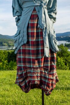Scattergood Shirt Jacket in Seaside Washed Linen; Scattergood Frock in Seaside Rose Garden Washed Plaid; Cilla Slip Frock in Hudson Blue Soft Ribbed Knit. Ivey Abitz at Boscobel House and Gardens