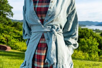 Scattergood Shirt Jacket in Seaside Washed Linen; Scattergood Frock in Seaside Rose Garden Washed Plaid; Cilla Slip Frock in Hudson Blue Soft Ribbed Knit. Ivey Abitz at Boscobel House and Gardens