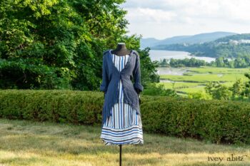 Chittister Shirt Jacket in Hudson Blue Washed Crinkled Linen; Harrison Frock in Hudson Blue Embroidered Stripe Voile; Cilla Slip Frock in Peony Soft Ribbed Knit. Ivey Abitz at Boscobel House and Gardens