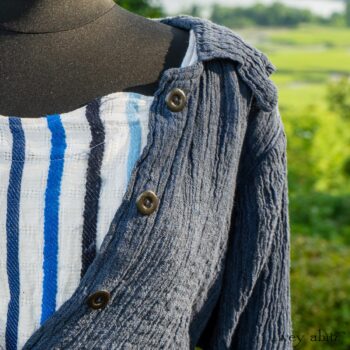 Chittister Shirt Jacket in Hudson Blue Washed Crinkled Linen; Harrison Frock in Hudson Blue Embroidered Stripe Voile; Cilla Slip Frock in Peony Soft Ribbed Knit. Ivey Abitz at Boscobel House and Gardens