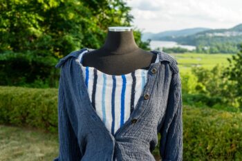 Chittister Shirt Jacket in Hudson Blue Washed Crinkled Linen; Harrison Frock in Hudson Blue Embroidered Stripe Voile; Cilla Slip Frock in Peony Soft Ribbed Knit. Ivey Abitz at Boscobel House and Gardens
