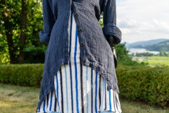 Chittister Shirt Jacket in Hudson Blue Washed Crinkled Linen; Harrison Frock in Hudson Blue Embroidered Stripe Voile; Cilla Slip Frock in Peony Soft Ribbed Knit. Ivey Abitz at Boscobel House and Gardens