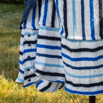 Chittister Shirt Jacket in Hudson Blue Washed Crinkled Linen; Harrison Frock in Hudson Blue Embroidered Stripe Voile; Cilla Slip Frock in Peony Soft Ribbed Knit. Ivey Abitz at Boscobel House and Gardens