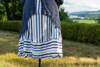 Chittister Shirt Jacket in Hudson Blue Washed Crinkled Linen; Harrison Frock in Hudson Blue Embroidered Stripe Voile; Cilla Slip Frock in Peony Soft Ribbed Knit. Ivey Abitz at Boscobel House and Gardens