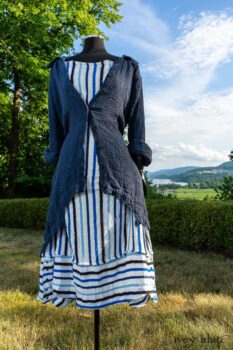 Chittister Shirt Jacket in Hudson Blue Washed Crinkled Linen; Harrison Frock in Hudson Blue Embroidered Stripe Voile; Cilla Slip Frock in Peony Soft Ribbed Knit. Ivey Abitz at Boscobel House and Gardens