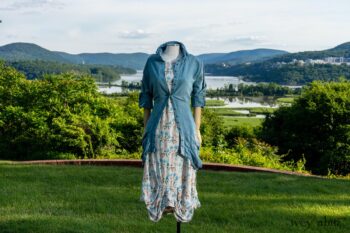 Scattergood Shirt Jacket in Seaside Washed Linen; Scattergood Frock in Seaside Floral Linen; Cilla Slip Frock in Peony Soft Ribbed Knit. Ivey Abitz at Boscobel House and Gardens