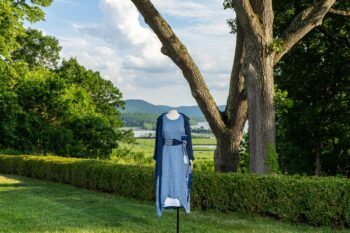 Chittister Shirt Jacket in Hudson Blue Washed Crinkled Linen; Fairholme Sash in Hudson Blue Plaid Crinkled Linen; Chittister Frock in Buoy Blue Washed Crinkled Linen; Limited Edition Cilla Slip Frock in Shipsail Embroidered Voile. Ivey Abitz at Boscobel House and Gardens