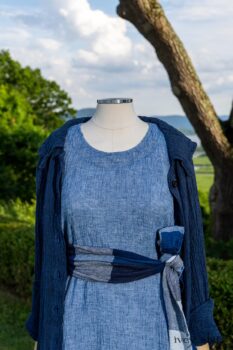 Chittister Shirt Jacket in Hudson Blue Washed Crinkled Linen; Fairholme Sash in Hudson Blue Plaid Crinkled Linen; Chittister Frock in Buoy Blue Washed Crinkled Linen; Limited Edition Cilla Slip Frock in Shipsail Embroidered Voile. Ivey Abitz at Boscobel House and Gardens