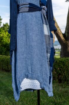 Chittister Shirt Jacket in Hudson Blue Washed Crinkled Linen; Fairholme Sash in Hudson Blue Plaid Crinkled Linen; Chittister Frock in Buoy Blue Washed Crinkled Linen; Limited Edition Cilla Slip Frock in Shipsail Embroidered Voile. Ivey Abitz at Boscobel House and Gardens