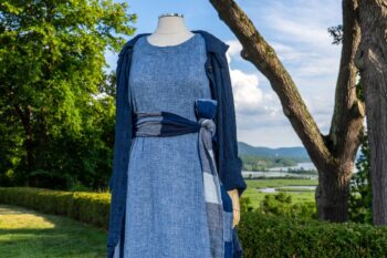 Chittister Shirt Jacket in Hudson Blue Washed Crinkled Linen; Fairholme Sash in Hudson Blue Plaid Crinkled Linen; Chittister Frock in Buoy Blue Washed Crinkled Linen; Limited Edition Cilla Slip Frock in Shipsail Embroidered Voile. Ivey Abitz at Boscobel House and Gardens