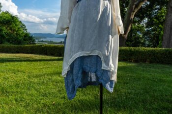 Chittister Dress in Shipsail Ethereal Floral Silk; Chittister Frock in Buoy Blue Washed Crinkled Linen; Fairholme Sash in Buoy Blue Washed Crinkled Linen. Ivey Abitz at Boscobel House and Gardens