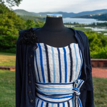 Harrison Frock in Hudson Blue Embroidered Stripe Voile; Porte Cochere Sash in Hudson Blue Embroidered Stripe Voile; Cilla Slip Frock in Peony Soft Ribbed Knit; Crest Jacket in Hudson Blue Soft Ribbed Knit; Soutache Brooch in Black Weaves. Ivey Abitz at Boscobel House and Gardens