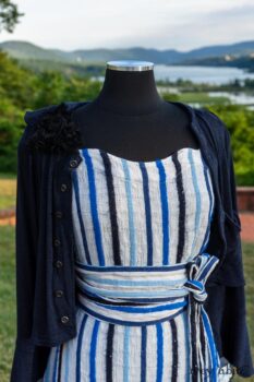 Harrison Frock in Hudson Blue Embroidered Stripe Voile; Porte Cochere Sash in Hudson Blue Embroidered Stripe Voile; Cilla Slip Frock in Peony Soft Ribbed Knit; Crest Jacket in Hudson Blue Soft Ribbed Knit; Soutache Brooch in Black Weaves. Ivey Abitz at Boscobel House and Gardens