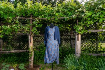 Au Sable Jacket in Hudson Blue Washed Crinkled Linen; Au Sable Frock in Hudson Blue Patch Plaid Voile; Cilla Slip Frock in Hudson Blue Soft Ribbed Knit. Ivey Abitz at Boscobel House and Gardens