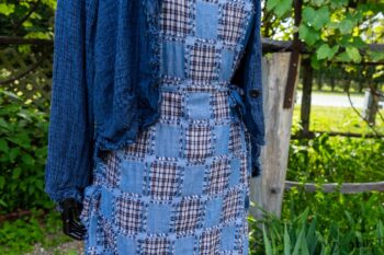 Au Sable Jacket in Hudson Blue Washed Crinkled Linen; Au Sable Frock in Hudson Blue Patch Plaid Voile; Cilla Slip Frock in Hudson Blue Soft Ribbed Knit. Ivey Abitz at Boscobel House and Gardens