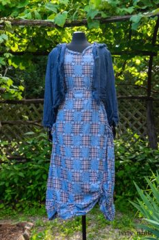 Au Sable Jacket in Hudson Blue Washed Crinkled Linen; Au Sable Frock in Hudson Blue Patch Plaid Voile; Cilla Slip Frock in Hudson Blue Soft Ribbed Knit. Ivey Abitz at Boscobel House and Gardens