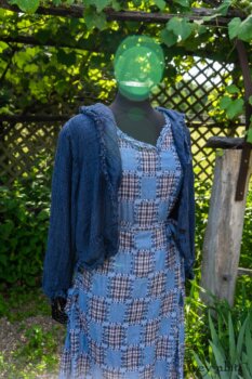 Au Sable Jacket in Hudson Blue Washed Crinkled Linen; Au Sable Frock in Hudson Blue Patch Plaid Voile; Cilla Slip Frock in Hudson Blue Soft Ribbed Knit. Ivey Abitz at Boscobel House and Gardens
