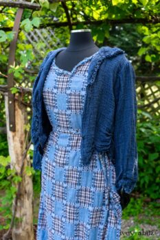 Au Sable Jacket in Hudson Blue Washed Crinkled Linen; Au Sable Frock in Hudson Blue Patch Plaid Voile; Cilla Slip Frock in Hudson Blue Soft Ribbed Knit. Ivey Abitz at Boscobel House and Gardens